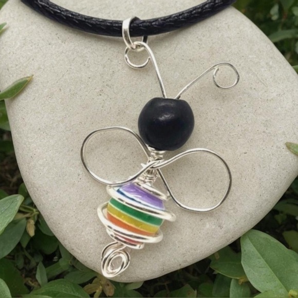 925 Sterling Silver Jewelry - Sterling Silver wrapped Rainbow and Howlite Bead Pendant, Bee Supportive